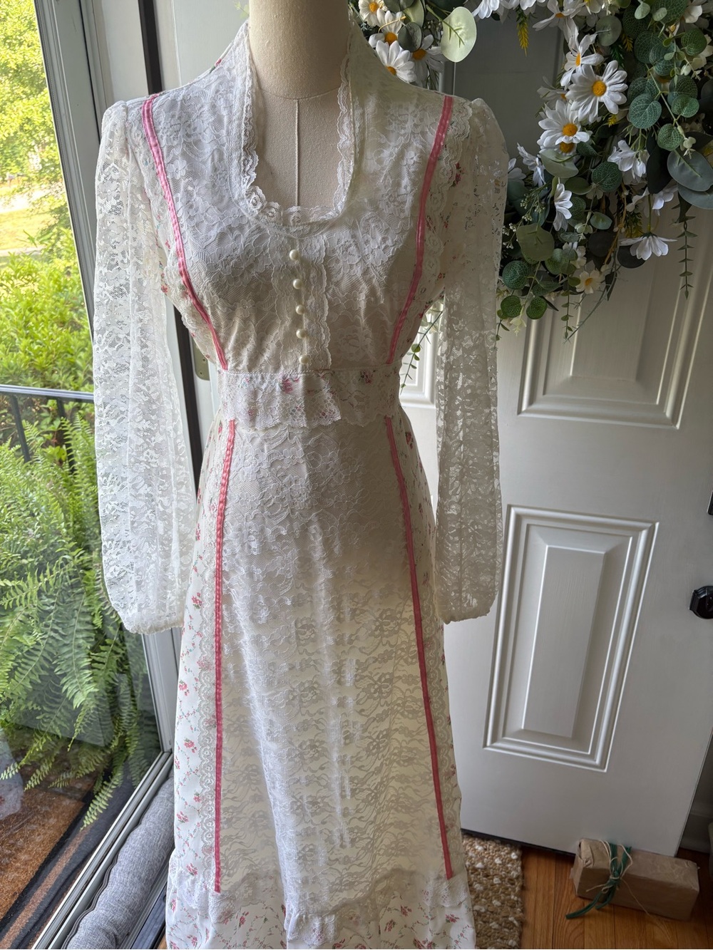 American Vintage 70’s White Lace Maxi Dress with Pink Trim